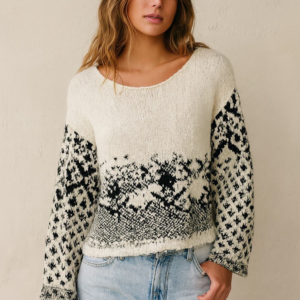 Free People Midnight Beach Pullover Sweater in Evening Ivory Combo - Picture 1 of 9